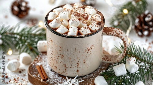 A cup of hot chocolate with marshmallows and cinnamon on top