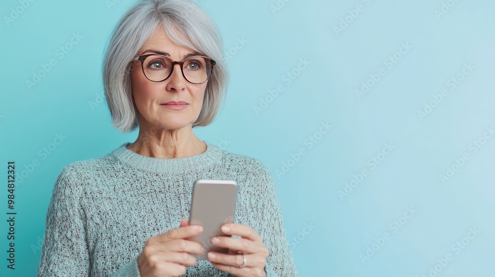 A studio shot of a middle-aged woman holding her glasses and peering at a mobile phone screen with visible difficulty, illustrating presbyopia and its impact on reading, against a simple background. A studio shot of a middle-aged woman holding her glasses and peering at a mobile phone screen with visible difficulty, illustrating presbyopia and its impact on reading, against a simple background.