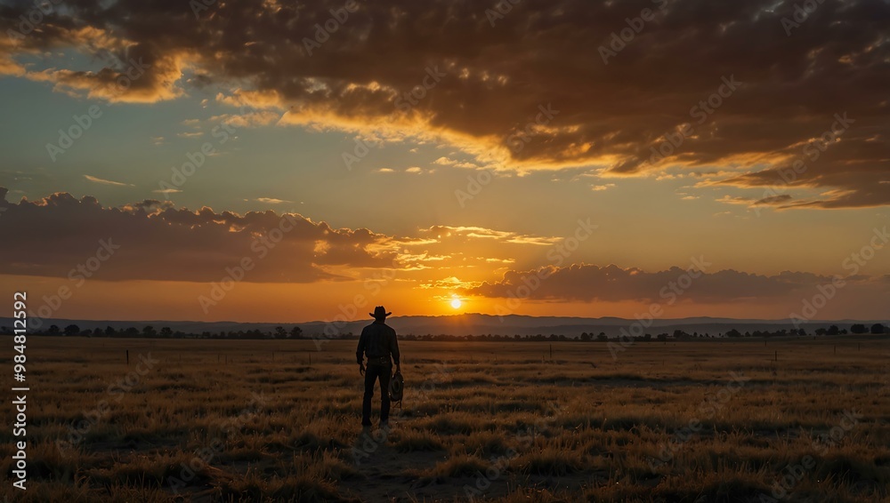 Cowboy silhouetted against a stunning sunset, overlooking a vast field. Cowboy silhouetted against a stunning sunset, overlooking a vast field.