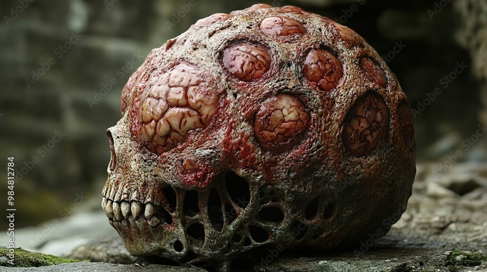 A Decomposing Skull with Exposed Brain A Decomposing Skull with Exposed Brain
