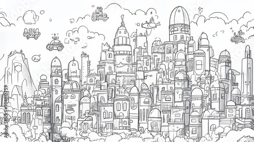 Dreamy illustration of a cityscape filled with quirky buildings and flying creatures