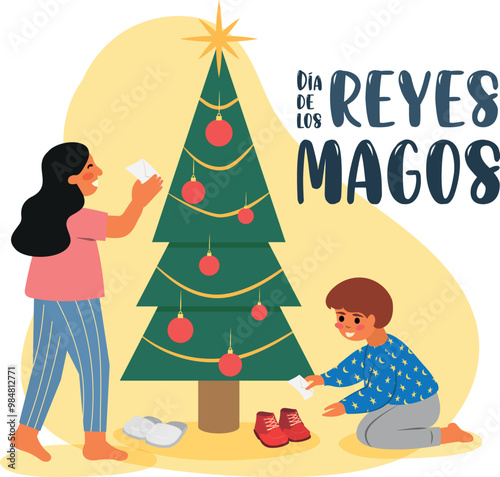 Niños poniendo carta para los reyes magos en zapato bajo el árbol de navidad 