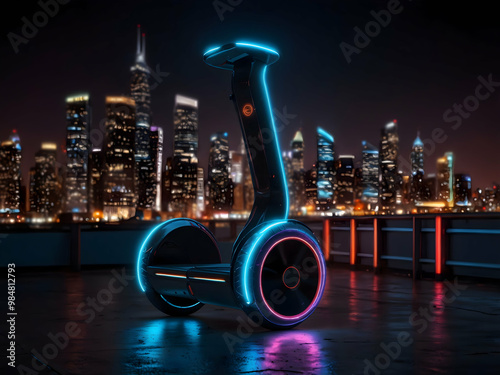 A futuristic-looking personal transportation device with glowing neon lights in a cityscape background at night.