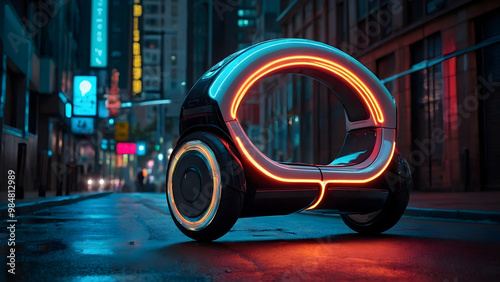 A futuristic, unconventional vehicle with glowing lights on a city street at night.