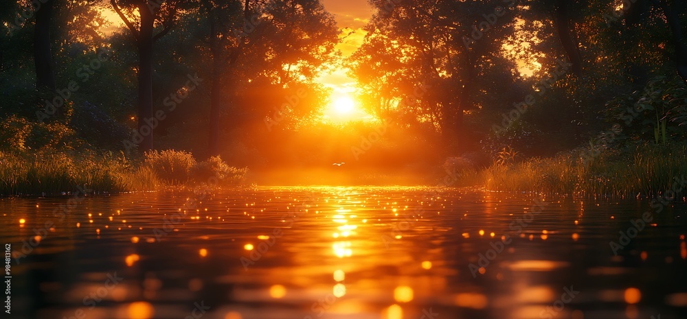 Golden sunset reflecting off a calm lake. Golden sunset reflecting off a calm lake.