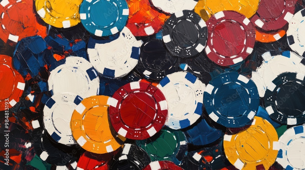 Abstract composition of poker chips arranged in chaotic patterns, symbolizing the unpredictability and excitement of gambling. Abstract composition of poker chips arranged in chaotic patterns, symbolizing the unpredictability and excitement of gambling.