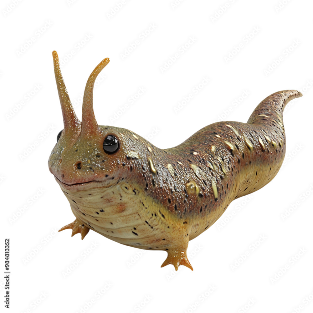 Obraz premium Fantasy creature resembling a slug with small legs and upward pointing tentacles isolated on a transparent