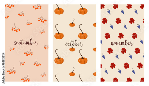 Social media template poster, patern with text autumn red flowers, ashberries, blue ambrella, orange pumpkins september, october, november on beige background for phones, wallpapers, background