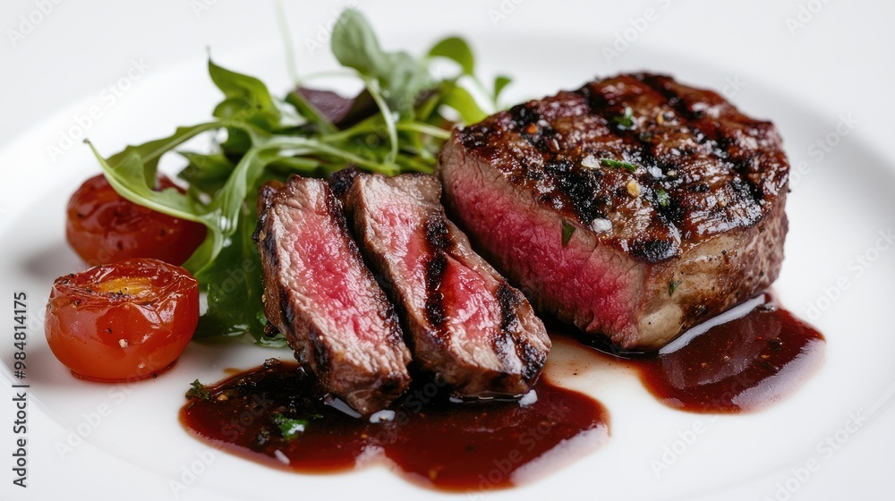 A beautifully arranged steak meal with a white background, featuring a slice of steak showing its tender interior, along with a drizzle of rich sauce. A beautifully arranged steak meal with a white background, featuring a slice of steak showing its tender interior, along with a drizzle of rich sauce.