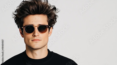 A handsome model showcases a black t-shirt while striking a dynamic pose, enhanced by stylish sunglasses and a vibrant streetwear vibe. The clean background emphasizes the look