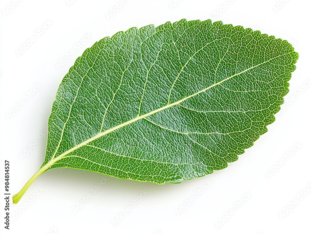 Detailed close-up of a green apple leaf, isolated on a white background.