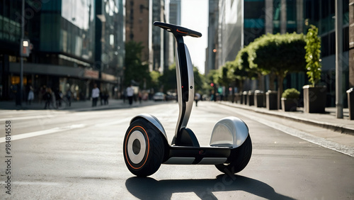 A black and silver scooter on a city street. It has a large screen on the handlebars, three wheels, and is parked on the side of the road. photo