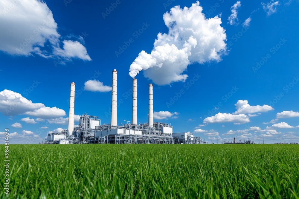Natural gas plant with tall chimneys and an expansive green field in the foreground Natural gas plant with tall chimneys and an expansive green field in the foreground