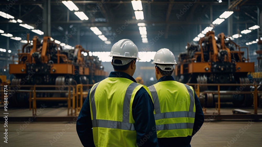 A back view employee industry working at warehouse and machine automatic manufacturing. A back view employee industry working at warehouse and machine automatic manufacturing.