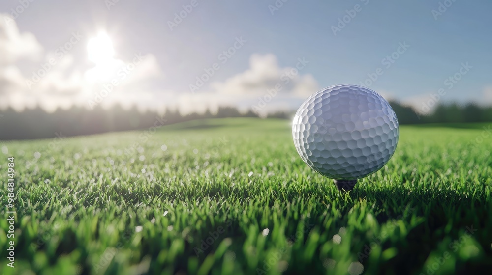 Close-up view of a golf ball perched on a tee with a polished golf driver and lush green grass creating a professional golf course scene Close-up view of a golf ball perched on a tee with a polished golf driver and lush green grass creating a professional golf course scene