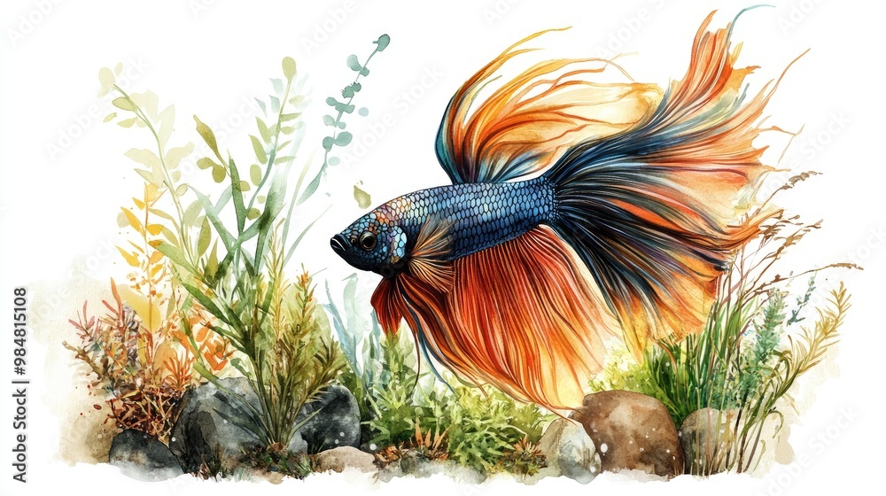 A betta fish with a long, flowing tail and striking colors, gracefully swimming through a lush aquarium with plants and rocks, captured against a white background.
