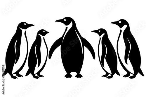 Black penguin silhouette, line art icon, vector illustration on white background.