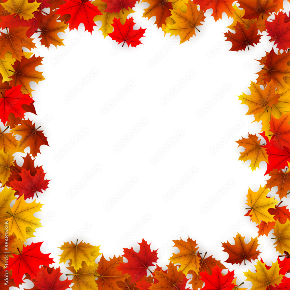 Square frame of vibrant autumn maple leaves in red, orange, and yellow tones. Vector illustration. Square frame of vibrant autumn maple leaves in red, orange, and yellow tones. Vector illustration.