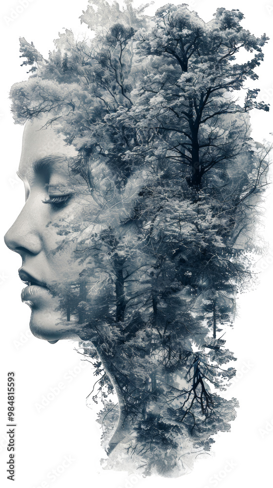 A double exposure portrait of a woman with a forest overlay, creating a dreamlike and surreal effect. A double exposure portrait of a woman with a forest overlay, creating a dreamlike and surreal effect.