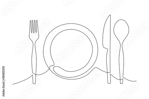 Cutlery set on a plate featuring a fork, spoon, knife, Continuous one line of fork, spoon, plate and knife Cartoon doodle hand drawn isolated on white background, Vector Illustration Editable stroke
