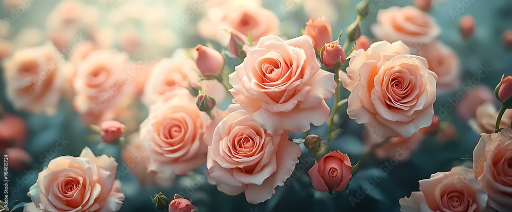 Close-up of blooming pink roses in a garden with sunlight. Close-up of blooming pink roses in a garden with sunlight.