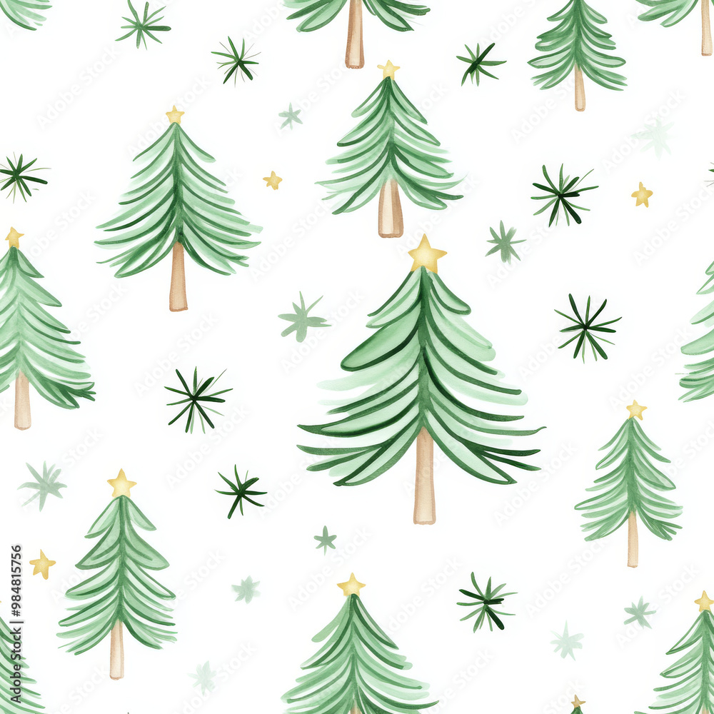A whimsical pattern featuring simple Christmas trees with clean lines in soft green tones, adorned with golden stars and surrounded by delicate green accents. This design evokes cheerful holiday spiri A whimsical pattern featuring simple Christmas trees with clean lines in soft green tones, adorned with golden stars and surrounded by delicate green accents. This design evokes cheerful holiday spiri