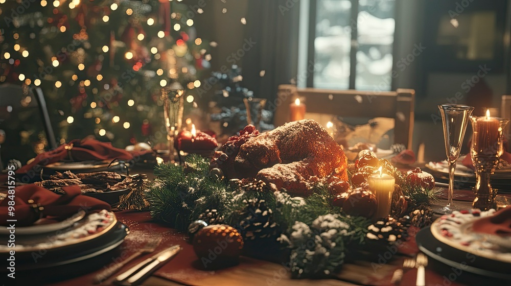 A family gathered around a beautifully set Christmas dinner table, joy in their eyes.
