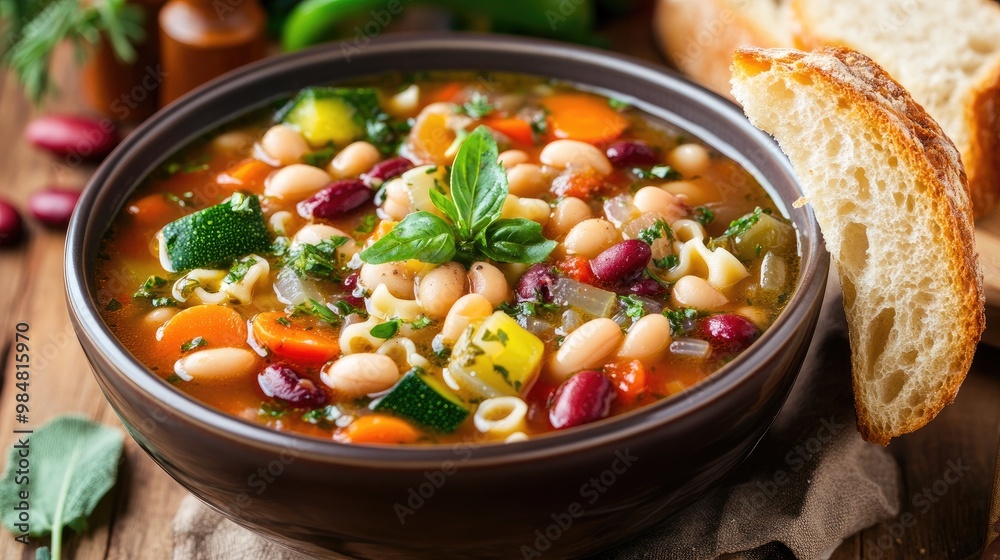 A bowl of Italian minestrone soup, filled with colorful vegetables, beans, and pasta, served with a slice of crusty bread on the side. A bowl of Italian minestrone soup, filled with colorful vegetables, beans, and pasta, served with a slice of crusty bread on the side.
