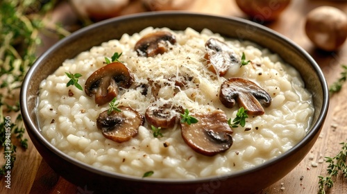 A bowl of Italian risotto with mushrooms, creamy and perfectly cooked, garnished with grated Parmesan and fresh herbs.