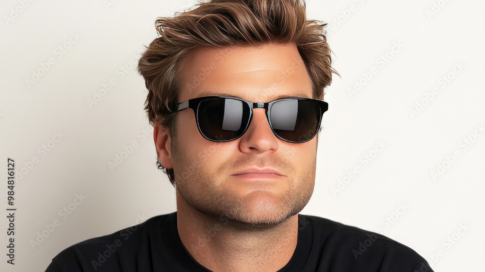 A handsome model showcases a black t-shirt while striking a dynamic pose, enhanced by stylish sunglasses and a vibrant streetwear vibe. The clean background emphasizes the look A handsome model showcases a black t-shirt while striking a dynamic pose, enhanced by stylish sunglasses and a vibrant streetwear vibe. The clean background emphasizes the look