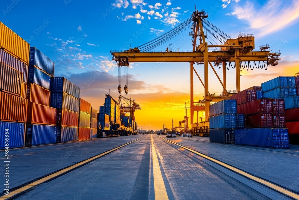 Petroleum shipyard at sunrise, with minimalist cranes and shipping containers in a clean, industrial setting Petroleum shipyard at sunrise, with minimalist cranes and shipping containers in a clean, industrial setting
