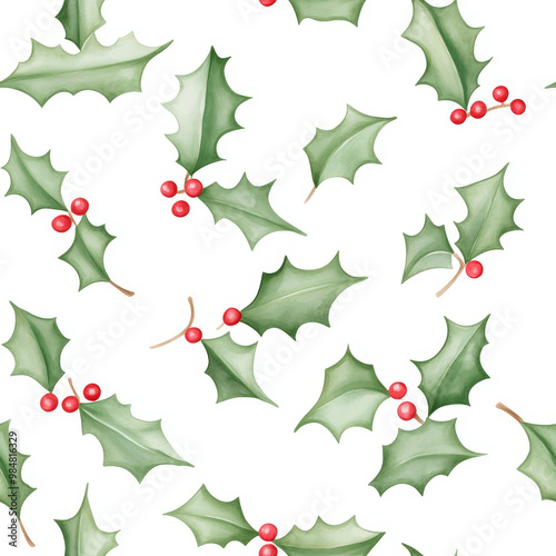 Seamless pattern of holly leaves and red berries on white background.