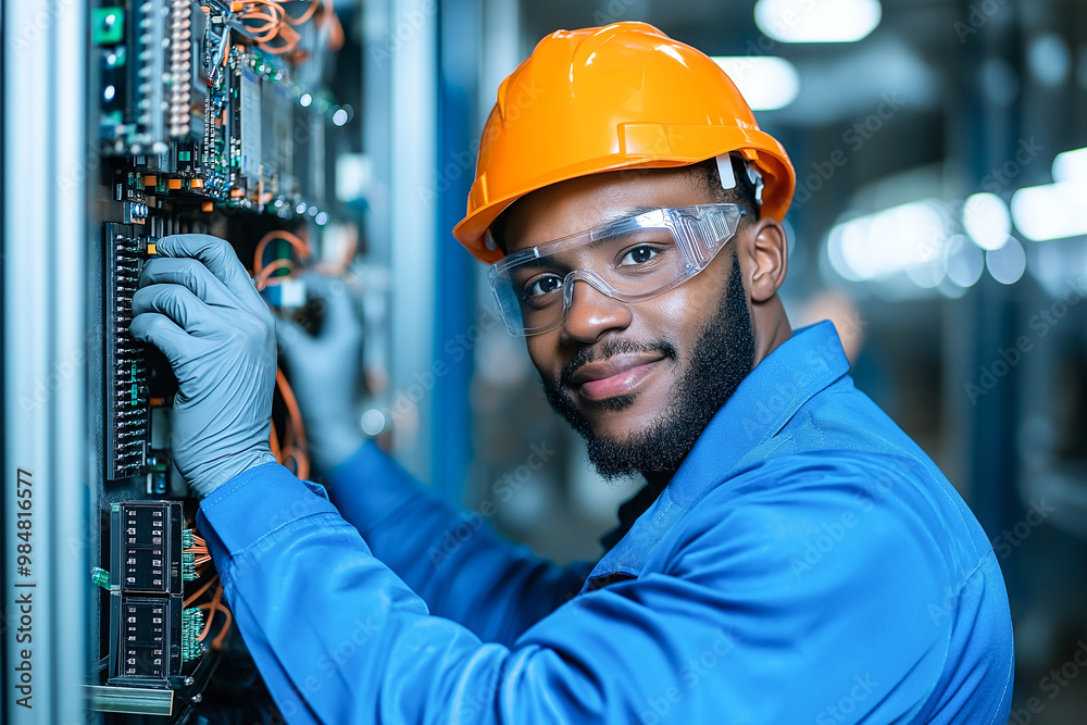 A skilled engineer is testing electronic circuit boards in modern facility, wearing safety gear including gloves, goggles, and hard hat. His focused expression reflects dedication to his work A skilled engineer is testing electronic circuit boards in modern facility, wearing safety gear including gloves, goggles, and hard hat. His focused expression reflects dedication to his work