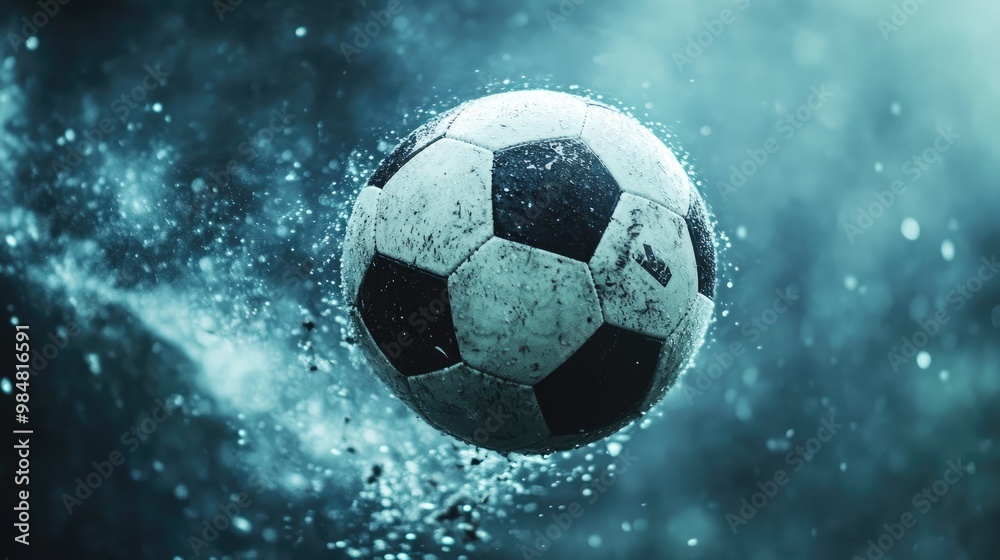Naklejka premium Dramatic shot of a soccer ball mid-air during a powerful kick, illustrating the precision and skill of professional athletes.