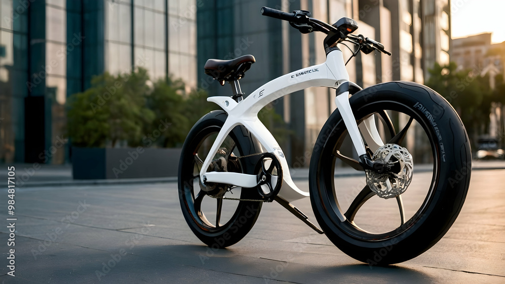 Fototapeta premium A white, futuristic electric bike parked next to a building. The bike's design suggests it's ready for a ride.