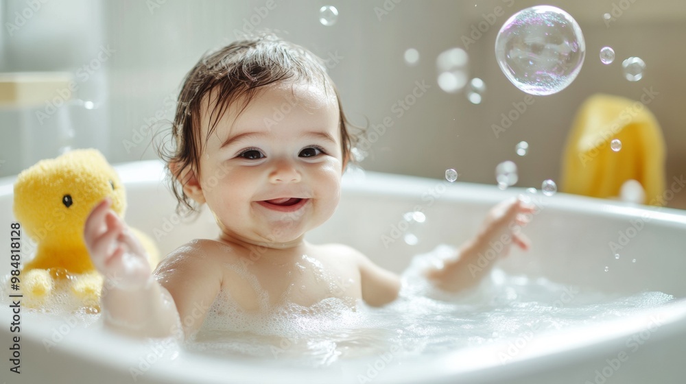 Smiling Baby Enjoying Bubbles During Cheerful Bath Time Smiling Baby Enjoying Bubbles During Cheerful Bath Time