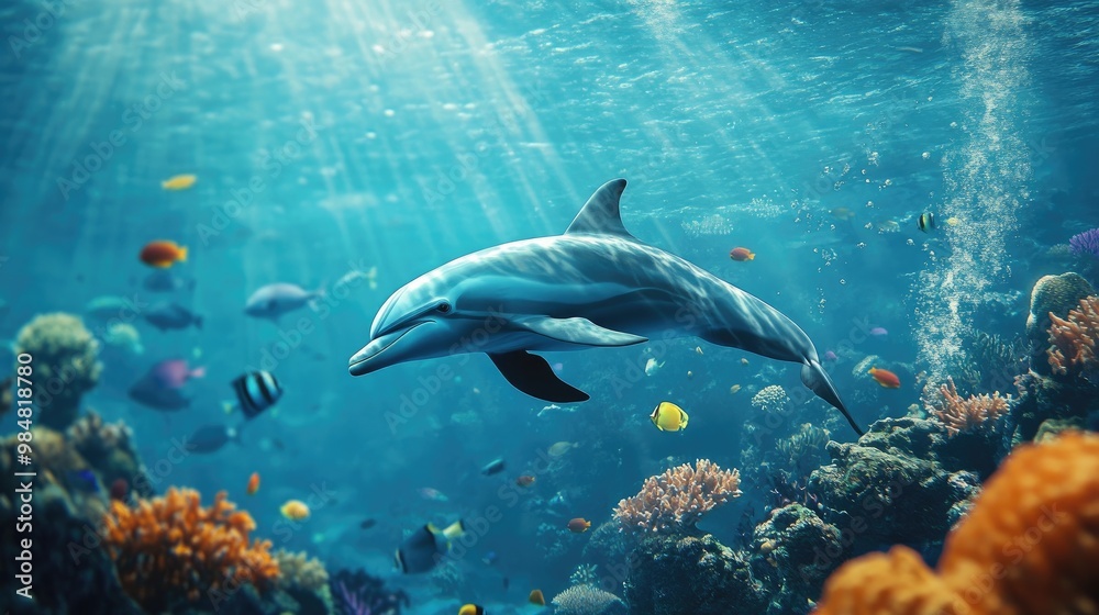 Fototapeta premium A captivating underwater view of a dolphin gliding smoothly through a school of fish, with vibrant coral reefs and sea life in the background.