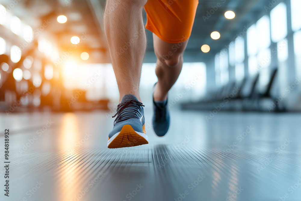 Fototapeta premium Fit man running in gym, showcasing strong legs and athletic shoes. dynamic movement captures essence of fitness and determination in modern workout environment