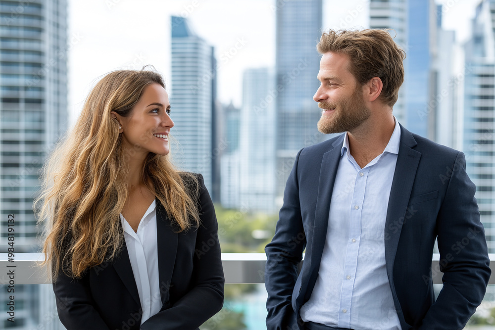 Engaged in professional conversation, two business professionals share moment of connection against backdrop of modern skyscrapers. Their expressions reflect confidence and collaboration Engaged in professional conversation, two business professionals share moment of connection against backdrop of modern skyscrapers. Their expressions reflect confidence and collaboration