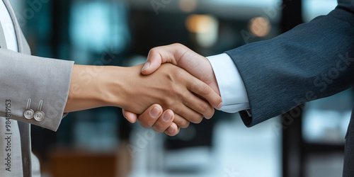 A professional handshake between two businesspeople signifies agreement and collaboration in corporate environment. This moment captures essence of partnership and mutual respect