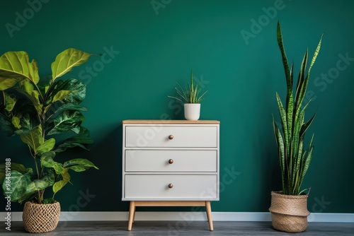 Storage cabinet displayed in a sample setting with a green wall backdrop photo