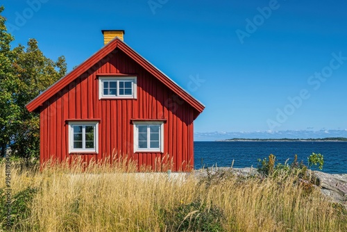 Lively red wooden swedish house beneath a bright azure sky and sea on a cozy summer day