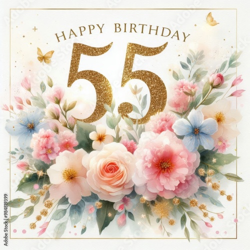 Colorful floral arrangement with golden 55 for a vibrant birthday celebration.