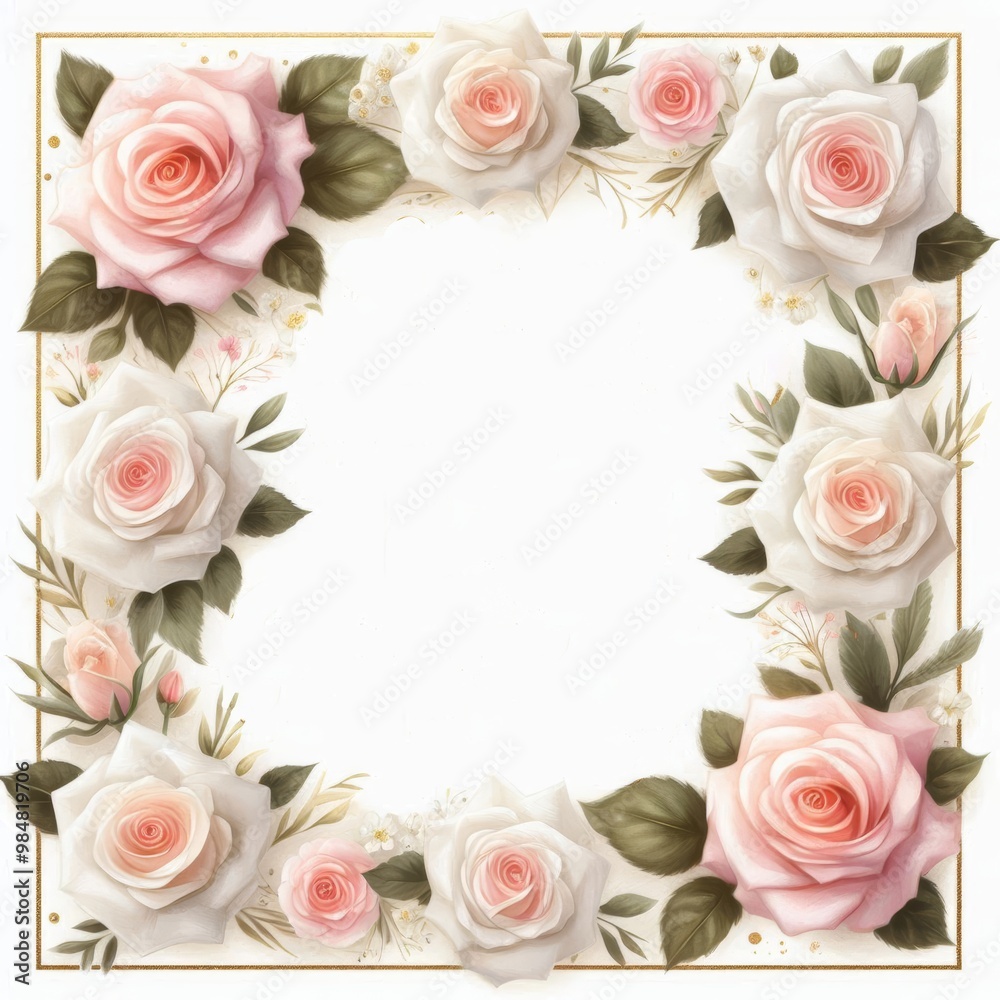 A beautiful floral frame adorned with soft pink and white roses.