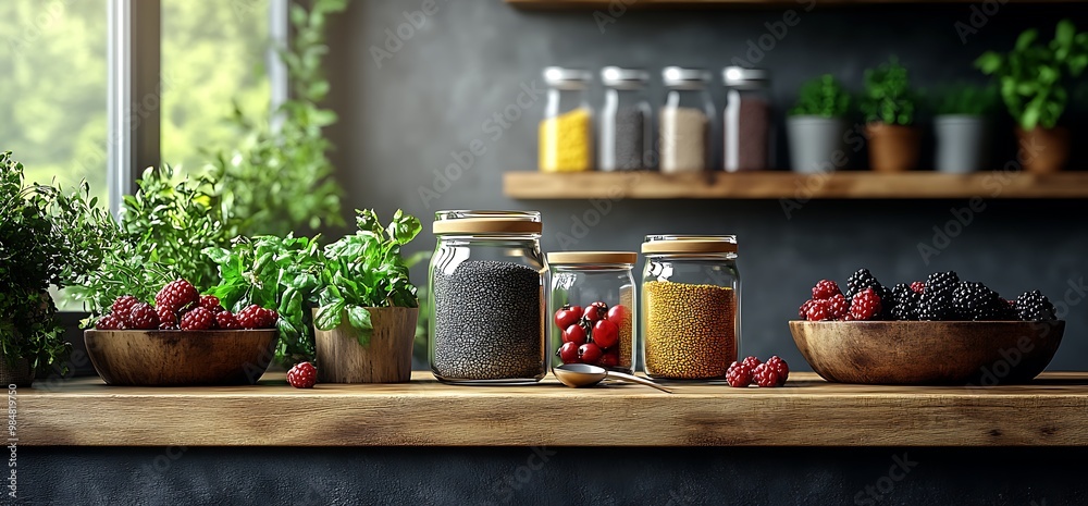 Rustic kitchen countertop with fresh berries, herbs, and glass jars filled with seeds and grains. Rustic kitchen countertop with fresh berries, herbs, and glass jars filled with seeds and grains.