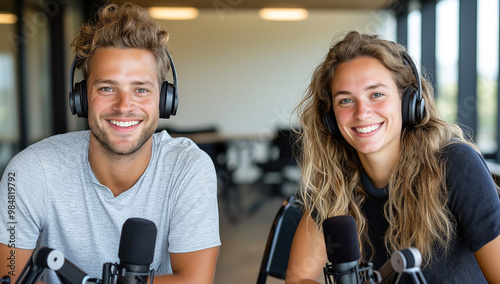 Smiling man and woman wearing headphones, engaged in lively conversation in modern workspace, radiating positivity and connection