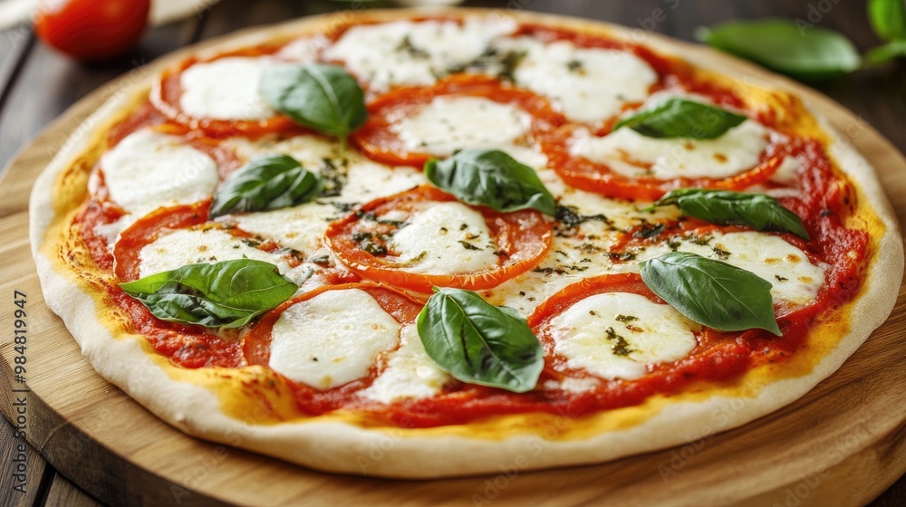 A classic Margherita pizza with a crispy crust, topped with fresh tomatoes, mozzarella cheese, and basil leaves, served on a wooden pizza board. A classic Margherita pizza with a crispy crust, topped with fresh tomatoes, mozzarella cheese, and basil leaves, served on a wooden pizza board.