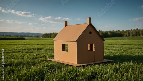 Eco-friendly cardboard house on a lush green field, symbolizing sustainability.