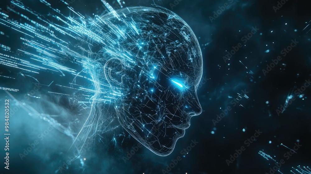 Abstract digital human head with glowing eyes and lines emanating from the head. Abstract digital human head with glowing eyes and lines emanating from the head.