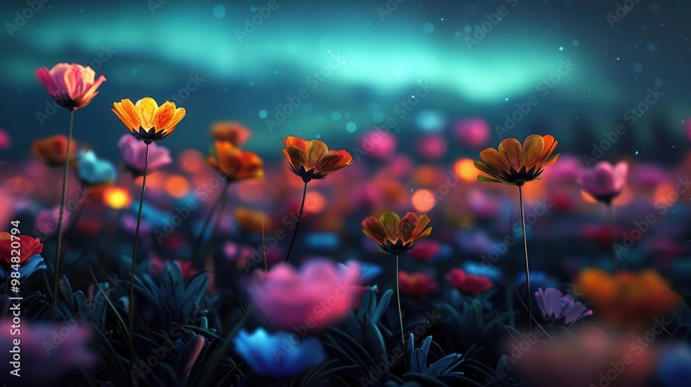A field of glowing, colorful flowers under a surreal aurora-filled sky, symbolizing the beauty of creative imagination A field of glowing, colorful flowers under a surreal aurora-filled sky, symbolizing the beauty of creative imagination